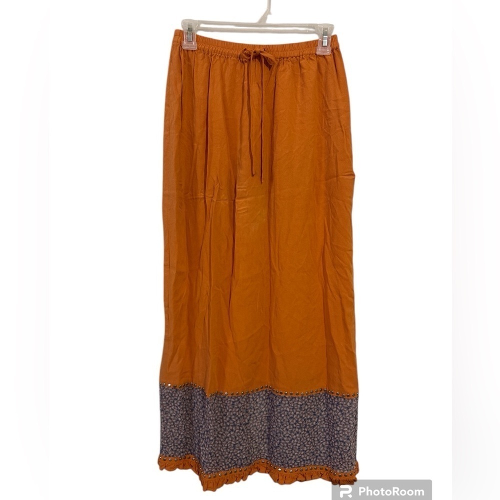 Double D Ranch Vintage Orange Maxi Skirt with Patterned Ruffle Hem